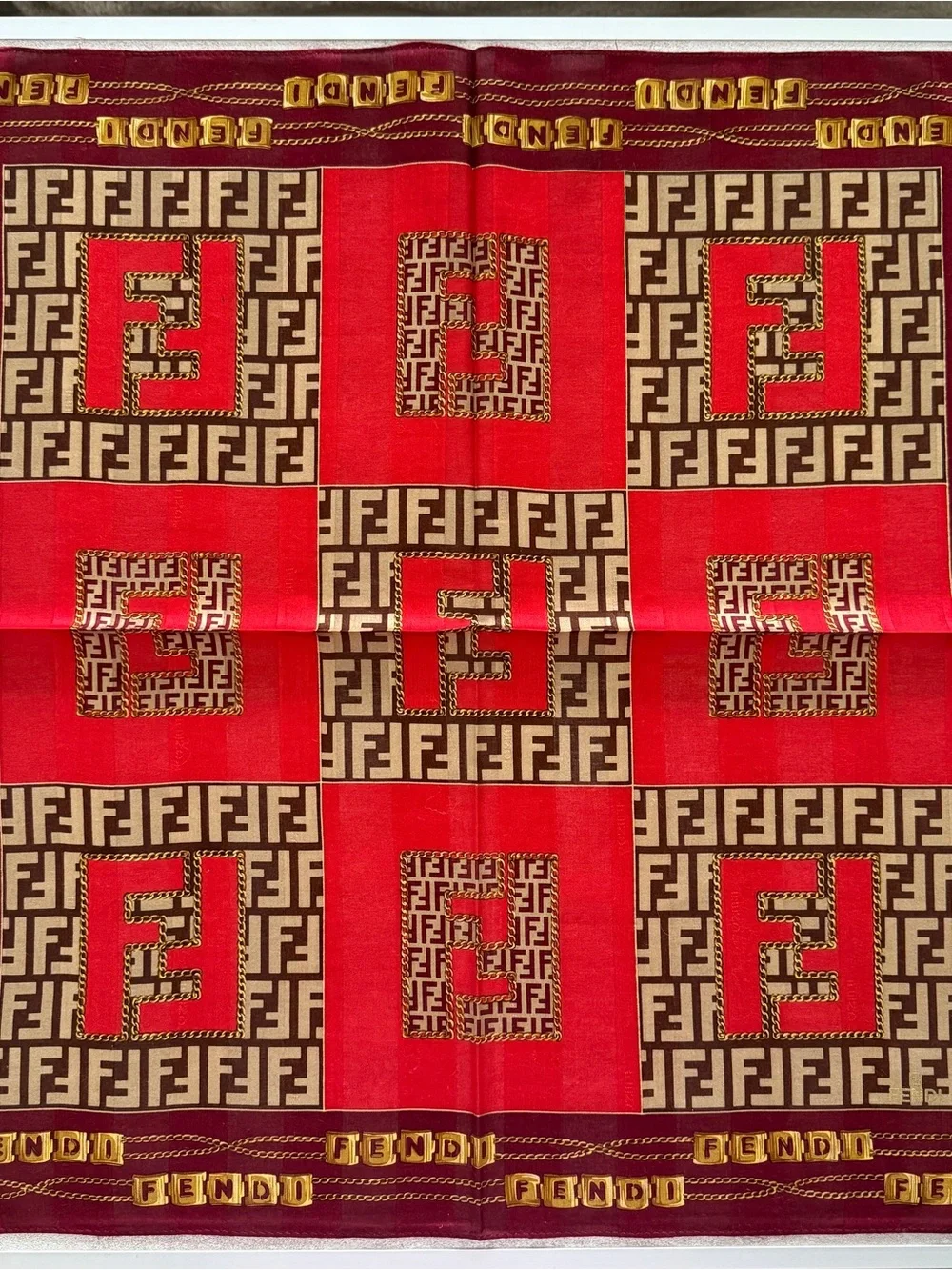 Fendi Red and Brown FF Logo cotton Scarf with Gold Accents